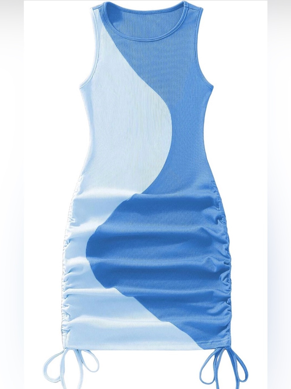 Women's Color Block Drawstring Ruched Ribbed Mini Tank Bodycon Dress Blue XL - Picture 2 of 3